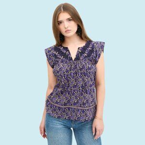Ulla Johnson Top Women's Size XS Purple Floral Cap Sleeve V-Neck Yoke Collar